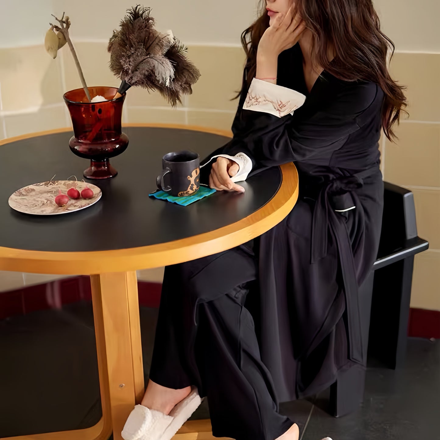 Robe women spring and summer new Modal cotton pajamas Black bathrobe long home wear two-piece set