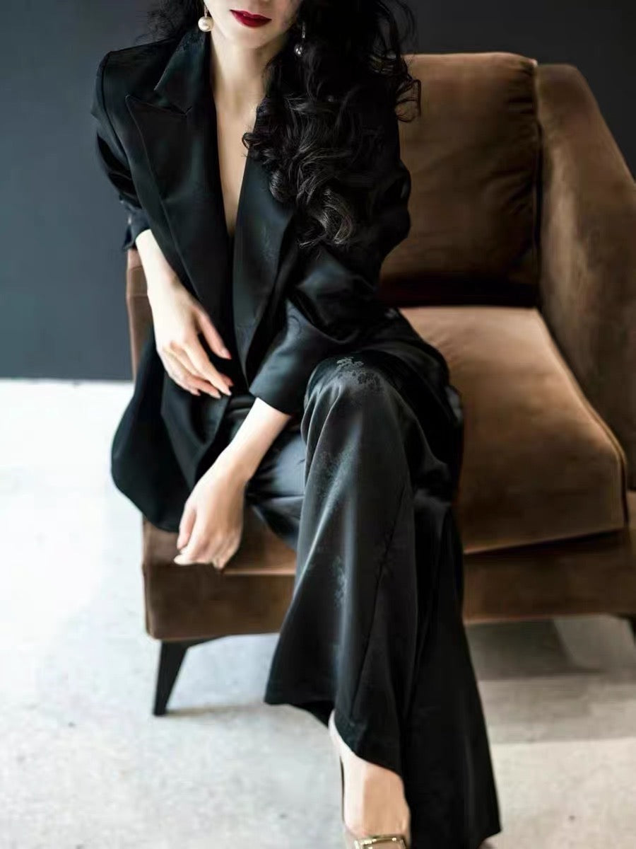 Pre-order- High-end professional wear private custom black acetic jacquard loose suit wide leg pants two-piece set